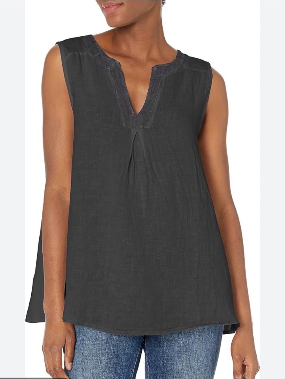 0203 Vince Camuto Black Sleeveless Split V-Neck Tank - Picture 2 of 5